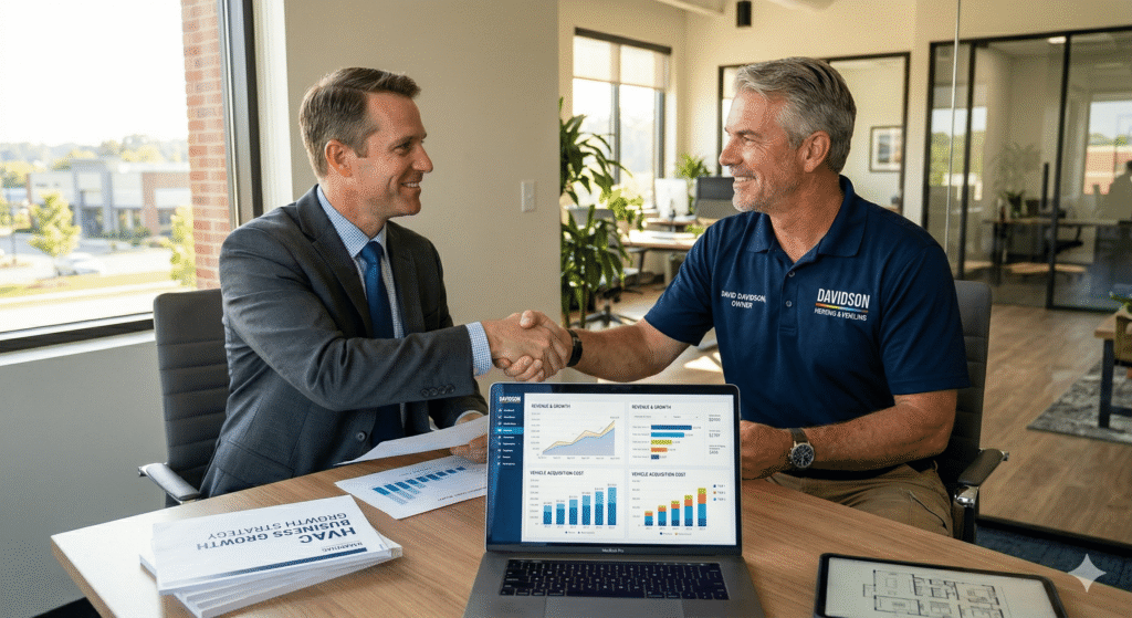 HVAC business owner reviewing valuation report with advisor — key factors that determine HVAC business worth for a successful exit