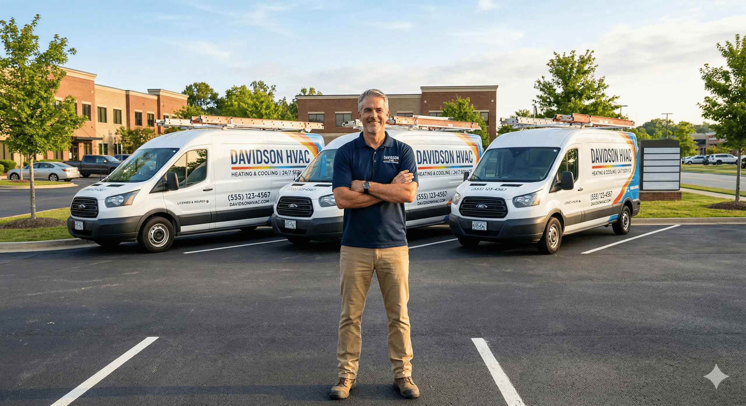 HVAC business owner standing in front of service fleet — understanding what your HVAC business worth is before selling