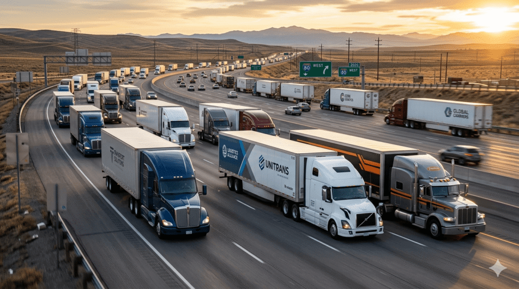 EBITDA multiples for trucking companies — fleet of semi-trucks on a US highway in 2026